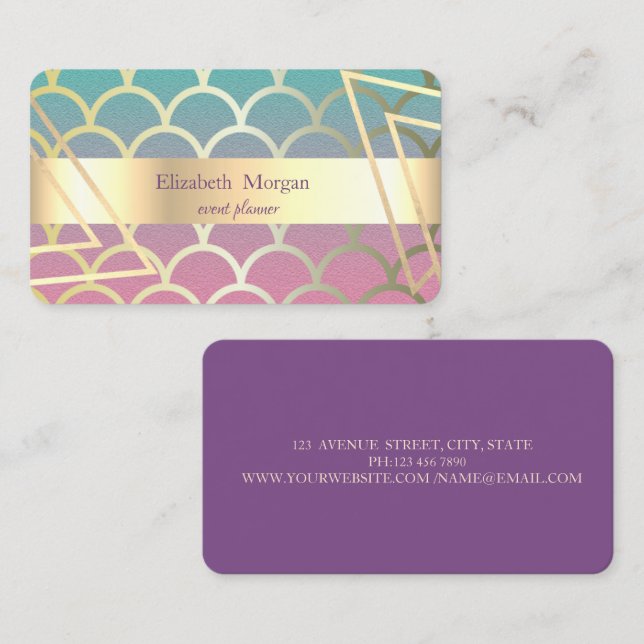 Tarjeta De Visita Elegante Violeta a rayas modernas, Sirena, Oro (Anverso / Reverso)