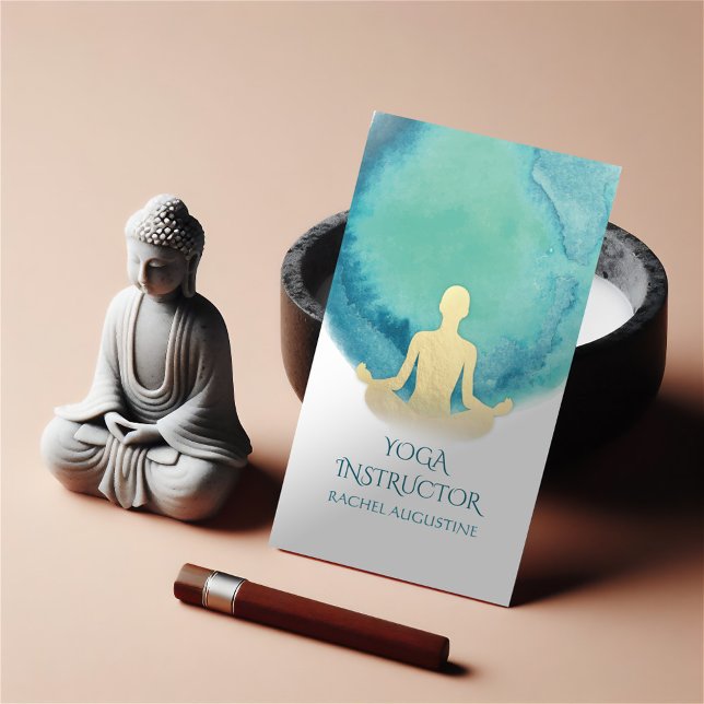Tarjeta De Visita Elegante Watercolor Gold Meditation Yoga Instructo (Subido por el creador)