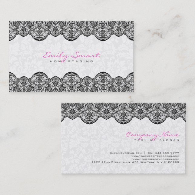 Tarjeta De Visita Elegante White Damask Black Lace (Anverso / Reverso)