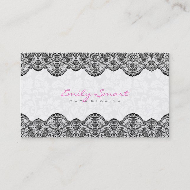 Tarjeta De Visita Elegante White Damask Black Lace (Anverso)