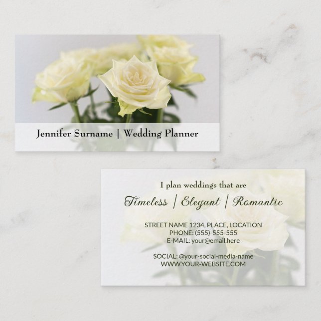 Tarjeta De Visita Elegante White Rose Flores Planner de boda clásico (Anverso / Reverso)