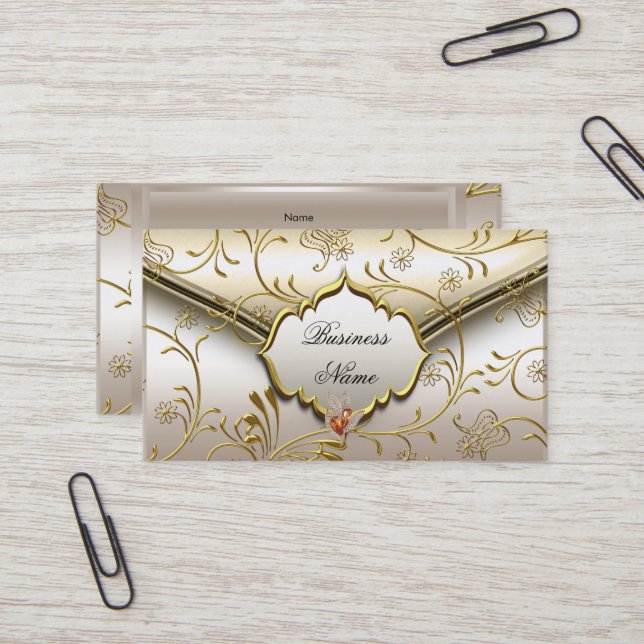 Tarjeta De Visita Elegante y elegante Damask Caramel Cream Beige Gol (Anverso/Reverso In Situ)