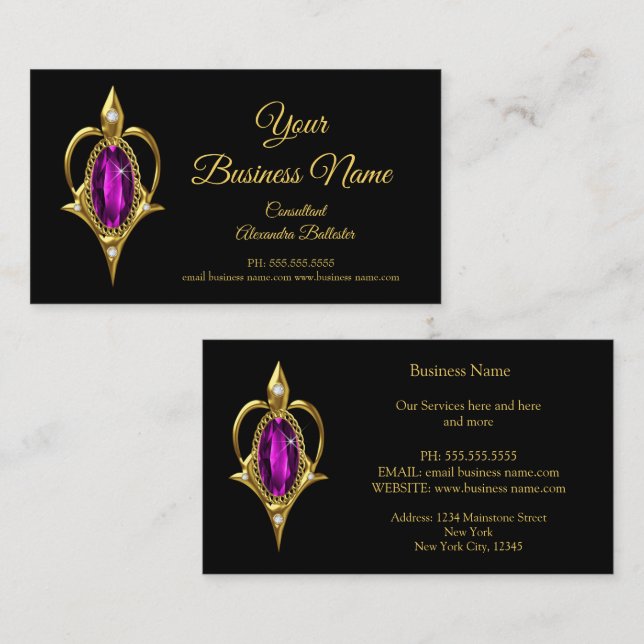 Tarjeta De Visita Elegante y elegante Magenta Jewel Gold Business (Anverso / Reverso)