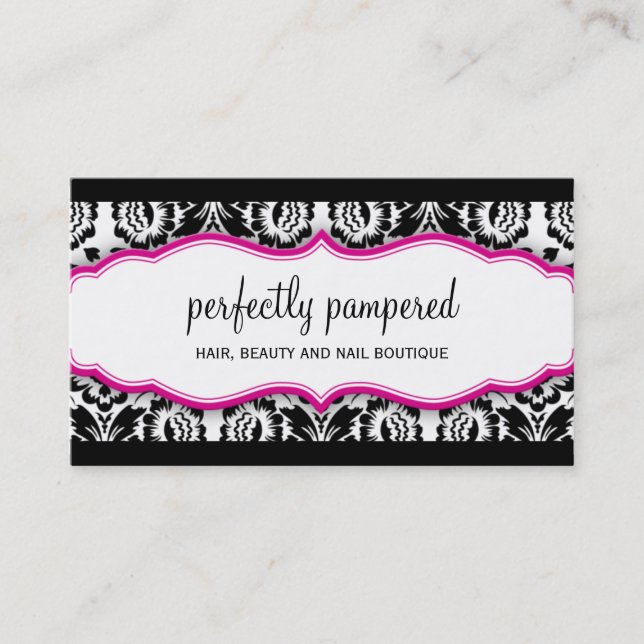 Tarjeta De Visita elegante y elegante patrón damasco negro fuschia r (Anverso)