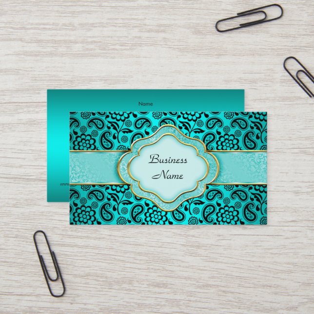 Tarjeta De Visita Elegante y elegante Verde azulado Blue Paisley Flo (Anverso/Reverso In Situ)
