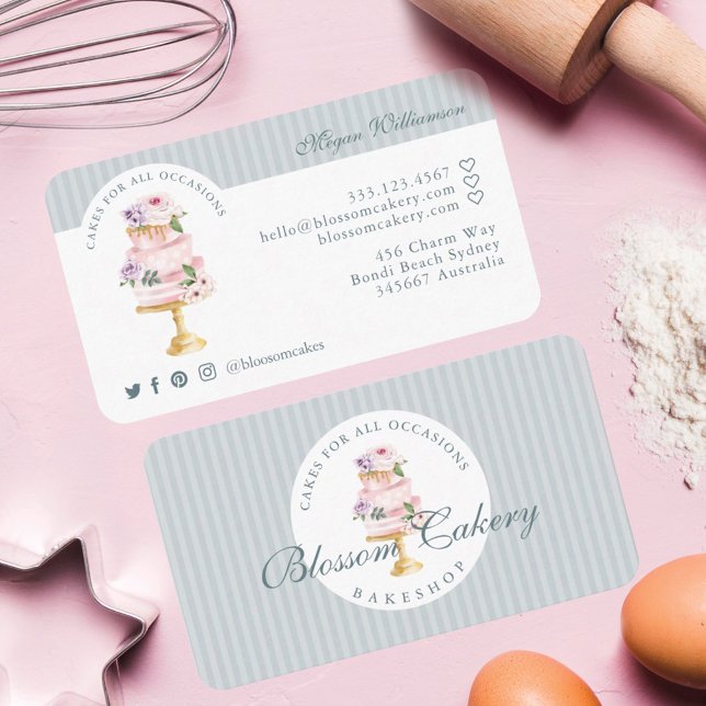 Tarjeta De Visita Elegante y Moda Blue Watercolour Floral Cake Baker (Subido por el creador)