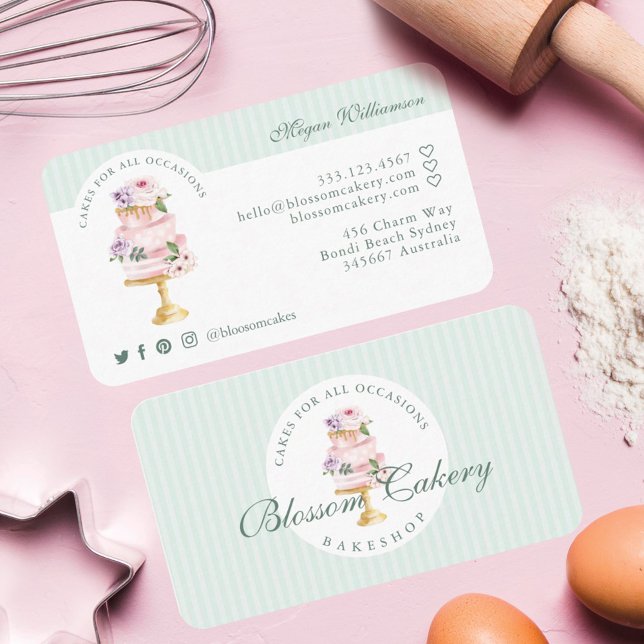 Tarjeta De Visita Elegante y Moda Mint Acuarela Floral Pastelería (Subido por el creador)