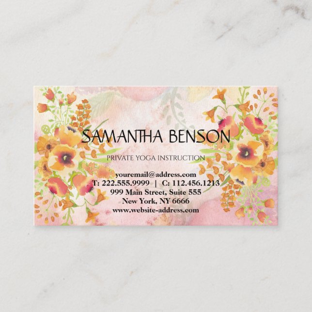 Tarjeta De Visita Elegante y moderno acuarela ilustracion floral yog (Anverso)