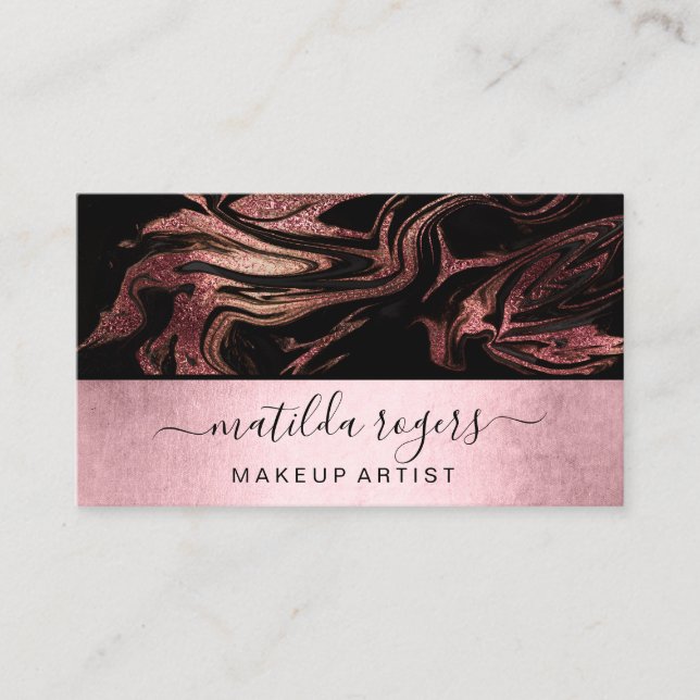 Tarjeta De Visita Elegante y moderno rosa de cobre de mármol negro d (Anverso)