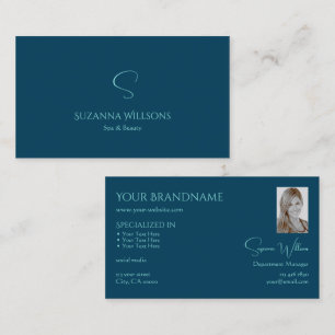 Tarjeta De Visita Elegante y sencillo océano azul con monograma y fo