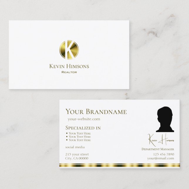 Tarjeta De Visita Elegante y sencillo oro blanco con monograma y fot (Anverso / Reverso)
