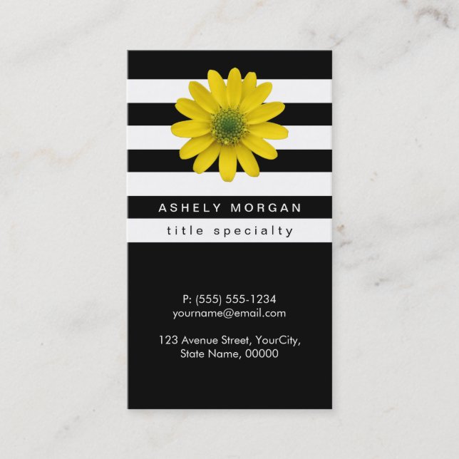 Tarjeta De Visita Elegante Yellow Gerbera Daisy - franjas blancas ne (Anverso)