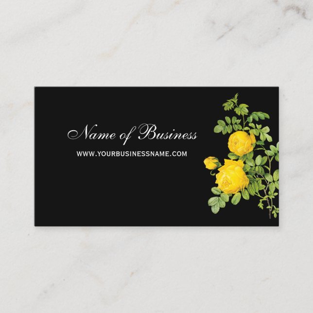 Tarjeta De Visita Elegante Yellow Rose Floral Profesional Negro (Anverso)