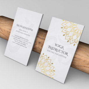 Tarjeta De Visita Elegante Yoga White Gold Floral Om Símbolo Mandala