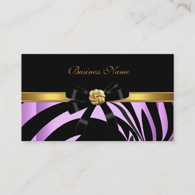Tarjeta De Visita Elegante Zebra Black Lilac Gold Jewel Bow (Anverso)