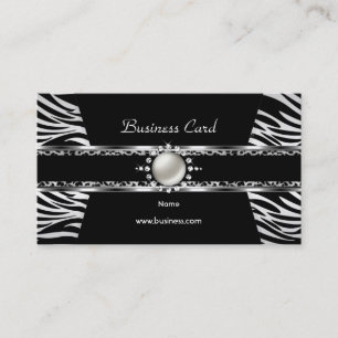 Tarjeta De Visita Elegante Zebra Leopard Black Silver Diamond Pearl