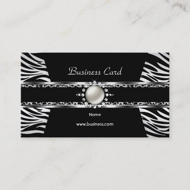 Tarjeta De Visita Elegante Zebra Leopard Black Silver Diamond Pearl (Anverso)