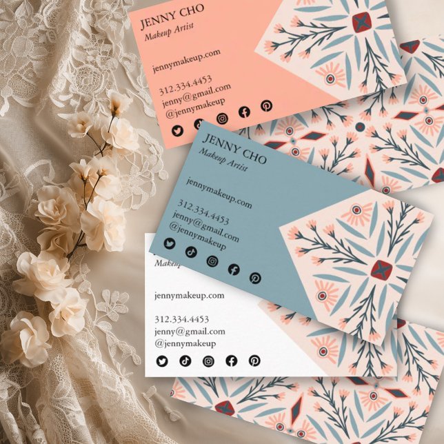 Tarjeta De Visita Elegantes Baldosas Florales Belleza Geométrica Ros (Handmade pretty elegant pattern on these custom business cards with social media icons)