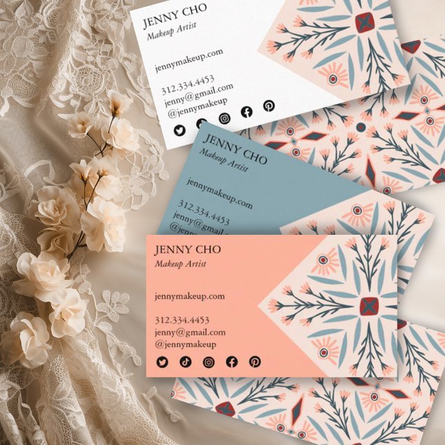 Tarjeta De Visita Elegantes Baldosas Florales Belleza Geométrica Ros (Handmade pretty elegant pattern on these custom business cards with social media icons)