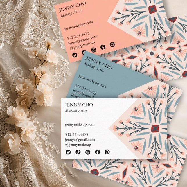 Tarjeta De Visita Elegantes Baldosas Florales Belleza Geométrica Ros (Handmade pretty elegant pattern on these custom business cards with social media icons)