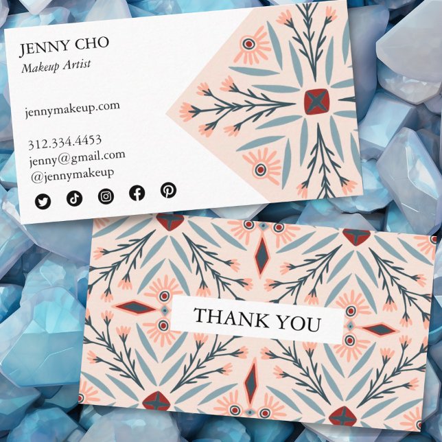 Tarjeta De Visita Elegantes Baldosas Florales Orden Geométrico Rosa  (Order thank you card with custom social media icons. Pretty pink design.)