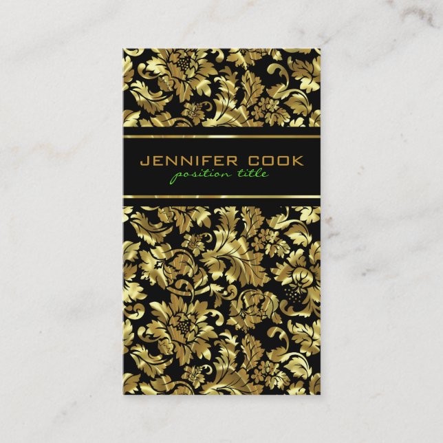 Tarjeta De Visita Elegantes Damascos De Oro Negro Y Metálico (Anverso)