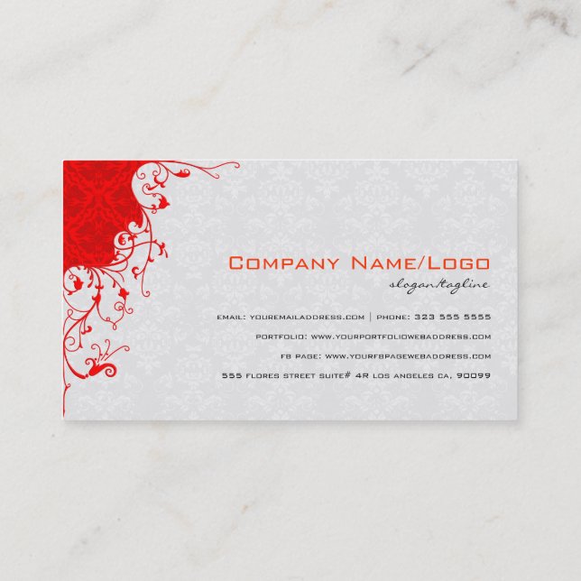 Tarjeta De Visita Elegantes damascos florales blancos y rojos (Reverso)