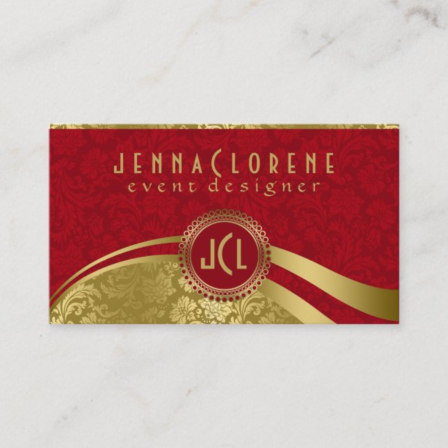 Tarjeta De Visita Elegantes damascos florales borgoñosos y dorados (Anverso)