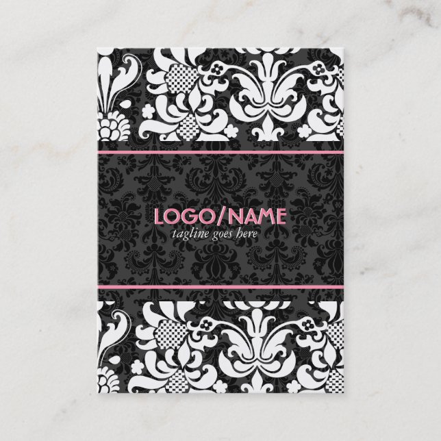 Tarjeta De Visita Elegantes damascos florales de aspecto blanco y ne (Anverso)