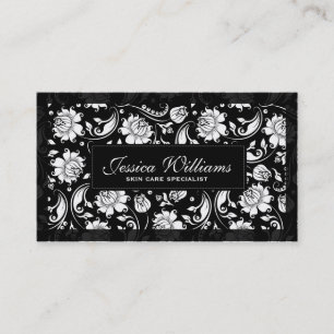 Tarjeta De Visita Elegantes Damascos Florales En Blanco Y Negro