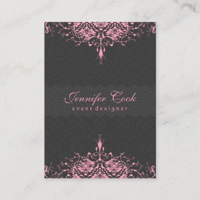 Tarjeta De Visita Elegantes Damascos florales grises y rosas 2a (Anverso)