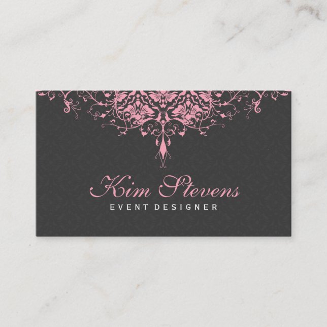 Tarjeta De Visita Elegantes Damascos florales grises y rosas 2b (Anverso)