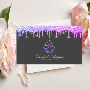 Tarjeta De Visita Elegantes dulces cupcakes con brillo y gotas viole