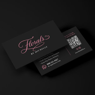 Tarjeta De Visita Elegantes Florales Script Negro Florista Rosa
