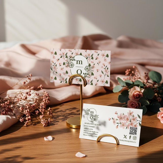 Tarjeta De Visita Elegantes Flores Acuarelas Modernas con Monograma  (Elegant Botanical Monogram Logo Floral Watercolor Business Card)