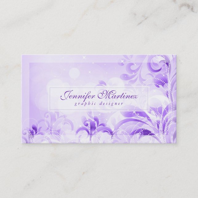 Tarjeta De Visita Elegantes flores moradas y Purpurina (Anverso)