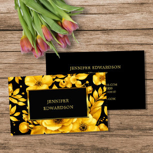 Tarjeta De Visita Elegantes flores negras de oro profesional