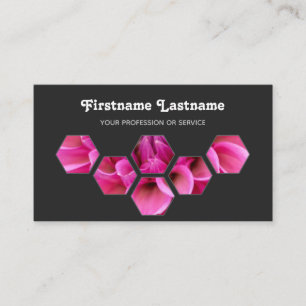 Tarjeta De Visita Elegantes flores rosadas mínimas en hexágonos gris