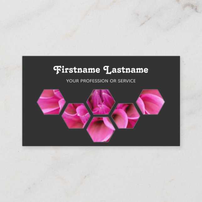 Tarjeta De Visita Elegantes flores rosadas mínimas en hexágonos gris (Anverso)
