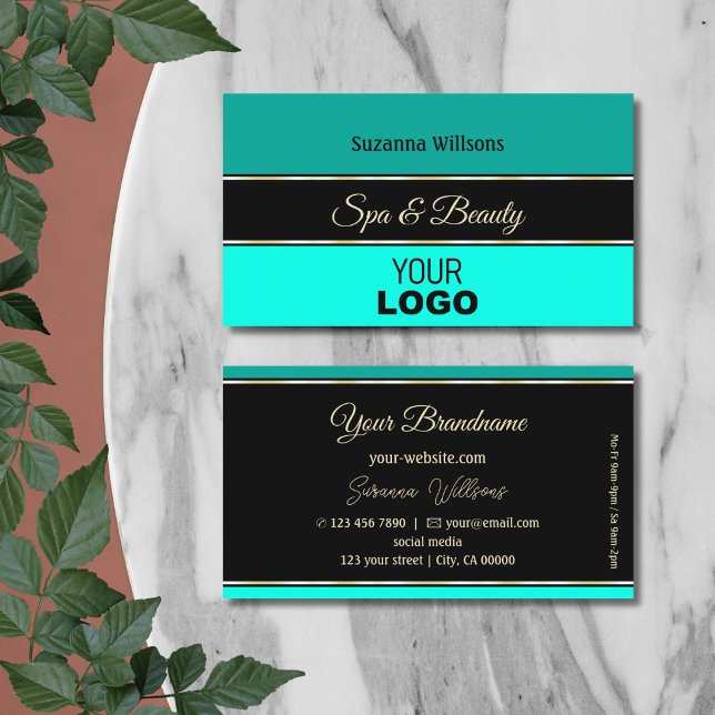 Tarjeta De Visita Elegantes fronteras Verde azuladas en negro modern (Subido por el creador)