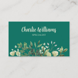 Tarjeta De Visita Elegantes hojas botánicas esmeralda verde