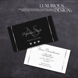 Tarjeta De Visita Elegantes Iniciales Gris de Diamantes Blancos y Ne