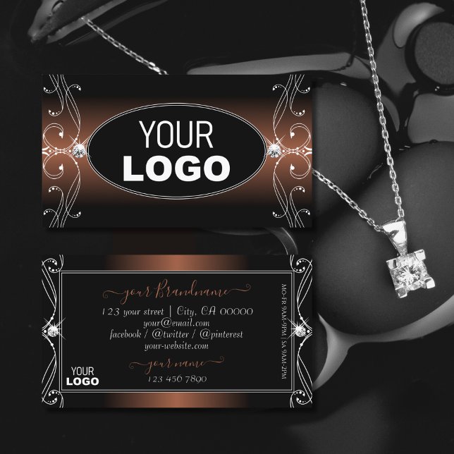 Tarjeta De Visita Elegantes joyas de piel marrón negra Añadir logoti (Subido por el creador)