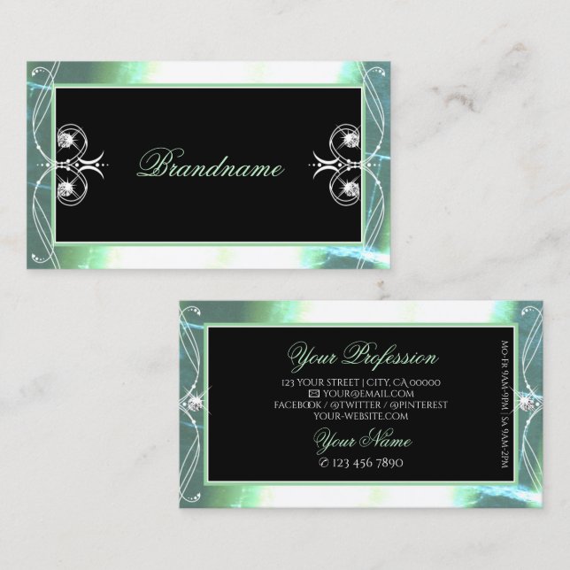 Tarjeta De Visita Elegantes joyas Verde azuladas de centelleo negras (Anverso / Reverso)