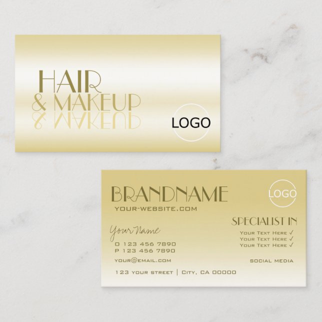 Tarjeta De Visita Elegantes letras espejo de Moda dorada con logotip (Anverso / Reverso)