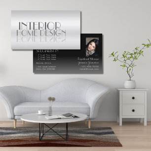 Tarjeta De Visita Elegantes letras espejo de plata con foto moderna