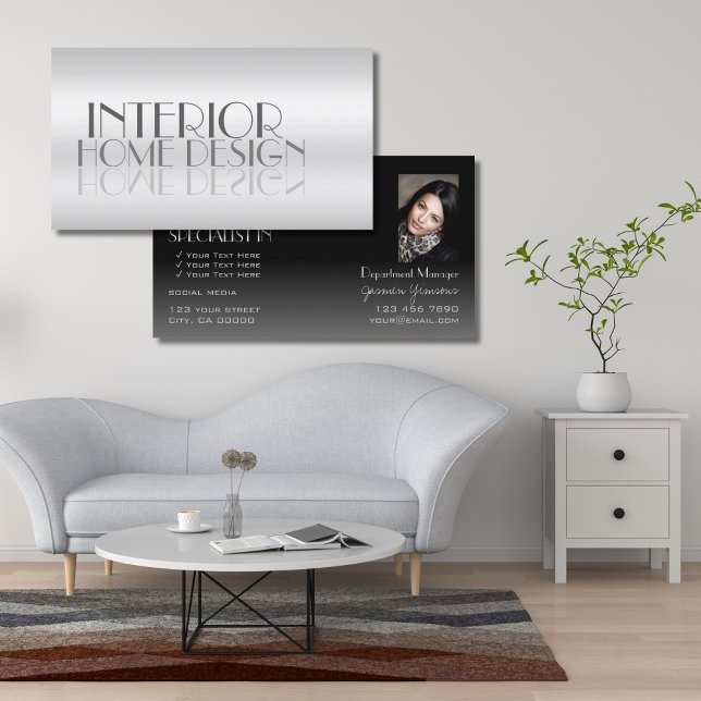 Tarjeta De Visita Elegantes letras espejo de plata con foto moderna (Subido por el creador)