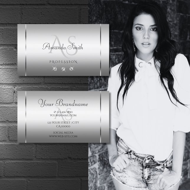 Tarjeta De Visita Elegantes letras nobles plateadas con diamantes (Subido por el creador)