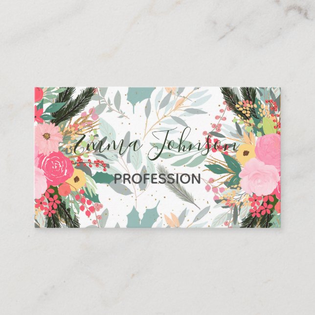 Tarjeta De Visita Elegantes Purpurinas blancos florales y dorados (Anverso)
