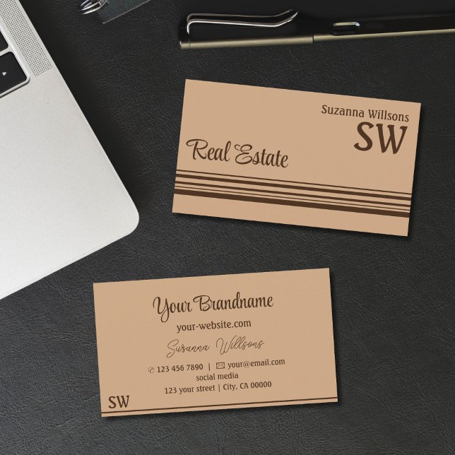 Tarjeta De Visita Elegantes rayas beige marrón con estilo monograma (Subido por el creador)